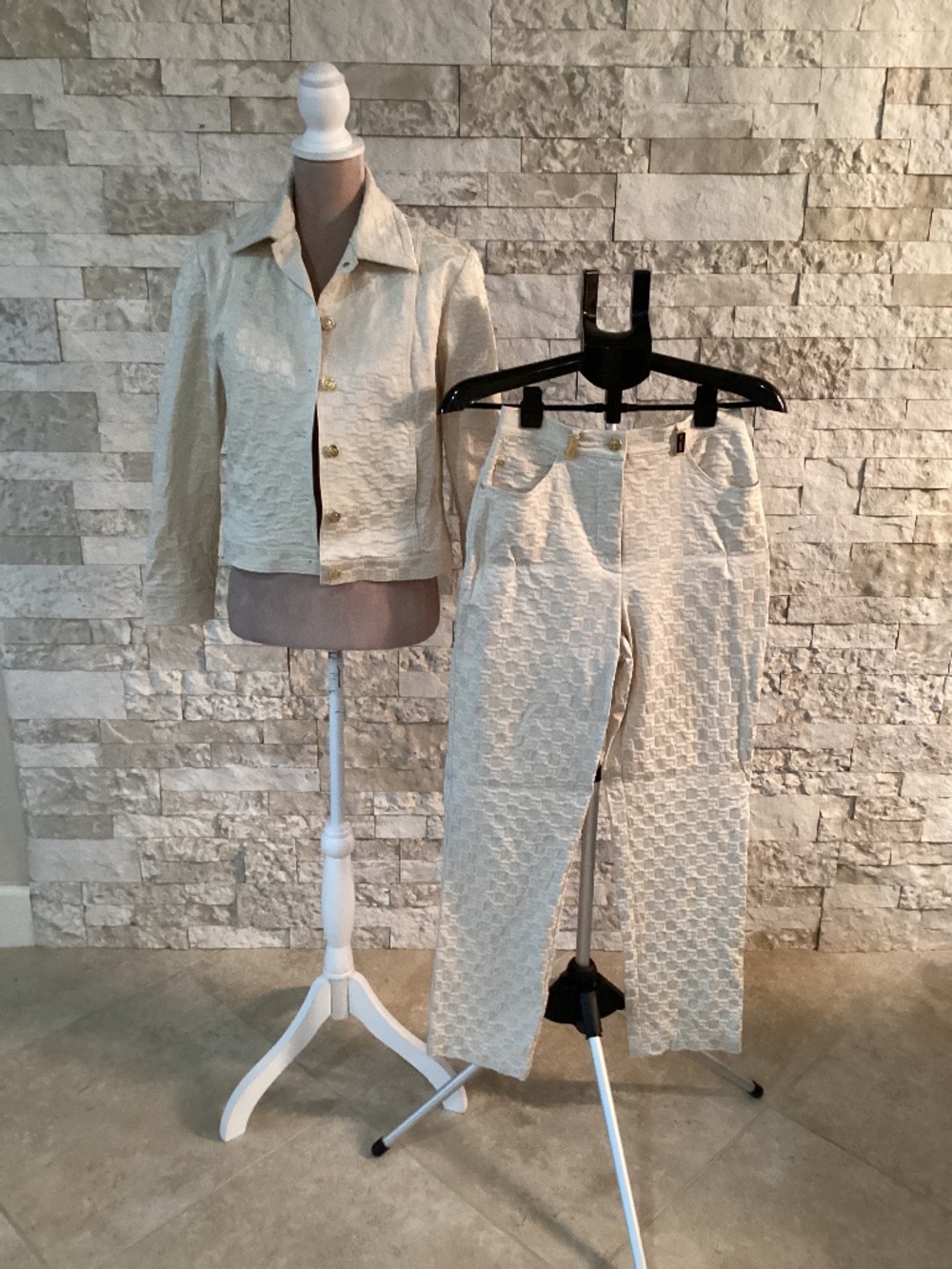 Vintage St. John Sport Cream Checkerboard Pant Set Jacket Size P/Pants Size 4